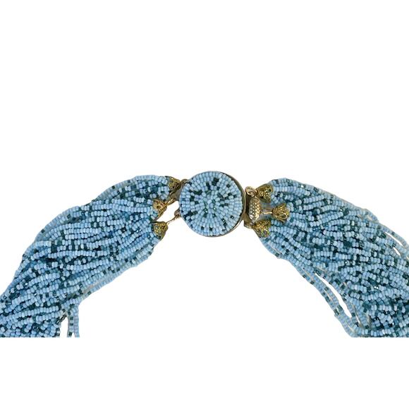 1980s Blue 36 Strand Seed Bead Demi Parure Torsade Choker & Clip On Earrings - Picture 4 of 10